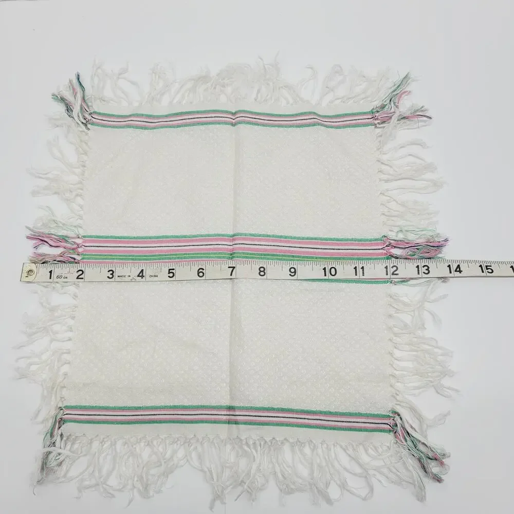 2 VTG White Diamond Texture Multi Stripe Fringed Napkins Green Pink Yellow Black